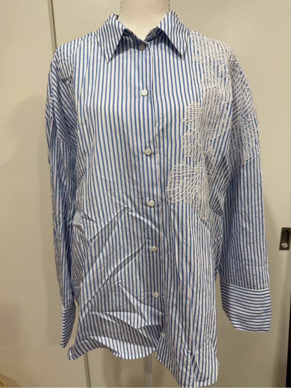 Blue and White Striped Women’s Button-Up Shirt with Embroidered Detail